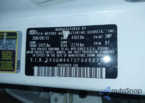 2015 Kia Optima Lx from USA, damaged, VIN 5XXGM4A72FG488753